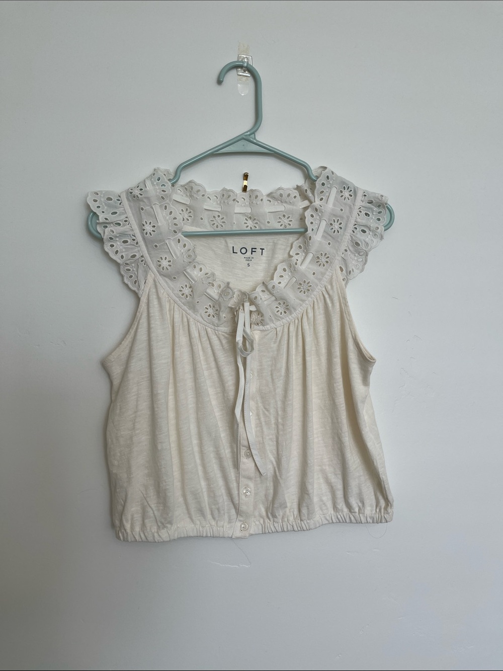Loft Eyelet Ruffle Tie Neck Button Top - Picture 4 of 11